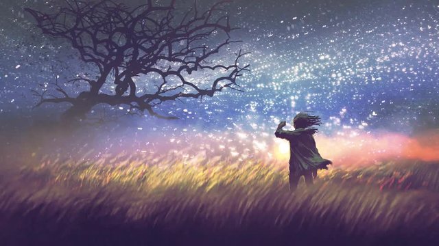 man with magic lantern standing in field, motion graphic painting, cinemagraph-style