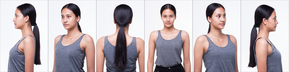 Asian Woman before applying make up black straight hair gray vast. no retouch, fresh face with...