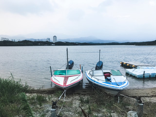 Small motor boats on the lake of Sokcho city. South Korea