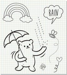 Cute bear with rain on paper background