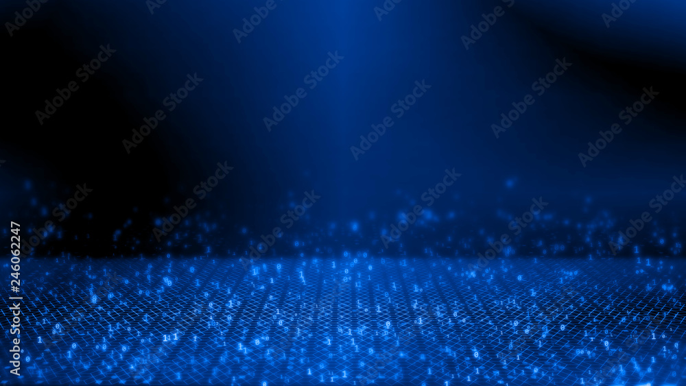Poster 3D Rendering of Abstract geometry grid with binary number background. For deep machine learning, crypto currency, hi tech product, big data visualization uses. 