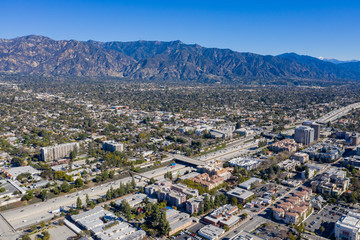 Aerial view of the Pasadena area and San Gabriel Mountains at Los Angeles, California