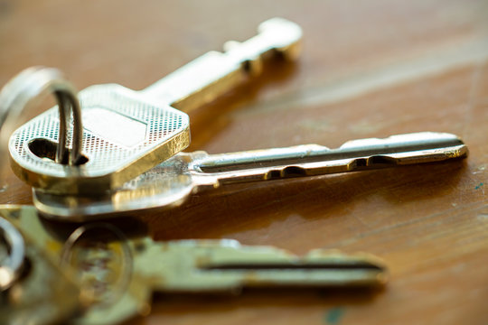 Keys on wooden texure, background, Close up & Macro shot, Selective focus