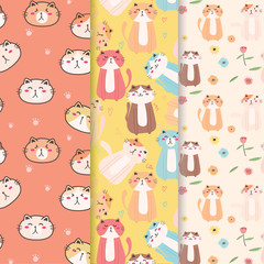 Set Of Hand Drawn Cute Cats Vector Pattern Background. Doodle Funny. Handmade Vector Illustration.	