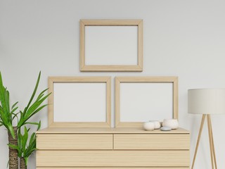 realistic 3d render of cozy home interior with two a3 blank poster mock up design with vertical light wood frame sitting on drawer perfect to showcase design in front view