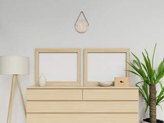 realistic 3d render of cozy home interior with two a3 blank poster mock up design with vertical light wood frame sitting on drawer perfect to showcase design in front view