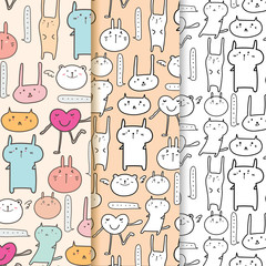 Set Of Hand Drawn Cute Bunny Vector Pattern Background. Doodle Funny. Handmade Vector Illustration.