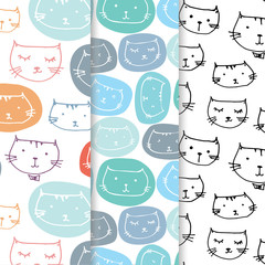 Set Of Hand Drawn Cute Cats Vector Pattern Background. Doodle Funny. Handmade Vector Illustration.	