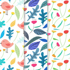 Set Of Hand Drawn Cute Bird And Floral Pattern Background. Vector Illustration.