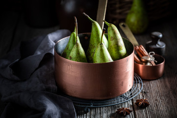 Ingredients for mulled wine with pears in basement