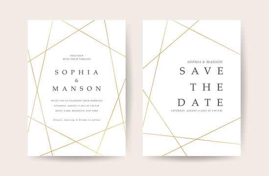 Luxury Wedding invitation Card. Design with Minimal Golden Geometric shape pattern Can be adapt to covers design, RSVP, brochure, Packaging backgrounds, poster and greeting cards. Vector illustration.