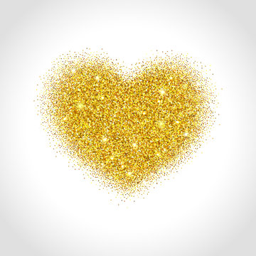 Gold glitter heart with sparkling dust.