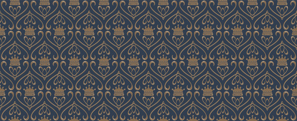 Obraz premium Seamless pattern with crowns. Wallpaper in the style of retro. Texture modern design. Decorative elements and a Royal crowns on a dark background. Vector image