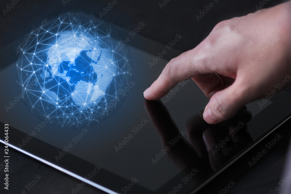 Poster mobile technology in hand concept. business woman use finger to touch on mobile tablet device to dis