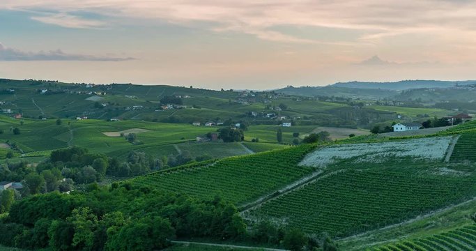 Sunrise over vineyards valley in Italy 4k timelapse