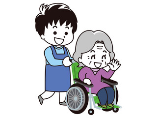男性介護士と車椅子に乗った高齢女性