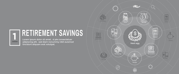 Retirement Account and Savings Icon Set Web Header Banner w Mutual Fund, Roth IRA, etc