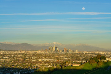 Aerial view of the beautiful Los Angeles downtown cityscape with mt. Baldy