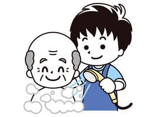 高齢男性に入浴介助を行う男性介護士