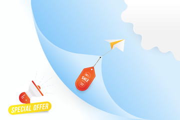 Big Sale 50% special offer. Paper airplane flying with red label on blue background with loudspeaker and clouds. Flat vector illustration EPS10.