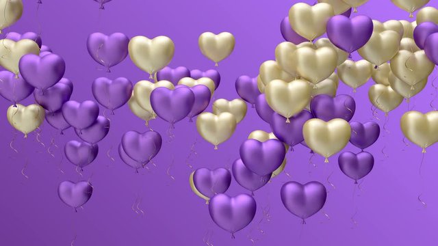 balloons in shape of heart. Floating purple and gold hearts on purple background animation for Valentine's day 