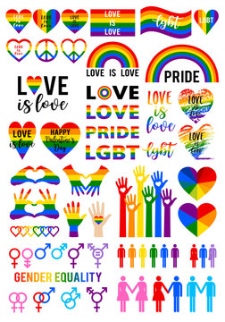 Love is love, rainbow flag, lgbt pride, vector set