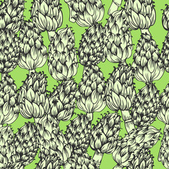 Seamless pattern Artichoke hand drawn vector ink sketch isolated on green background, herbal decorative plants, Organic food ingredient illustration, texture for design healthy market, restaurant menu