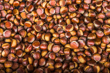 Horizontal close up shot of Hazelnuts 