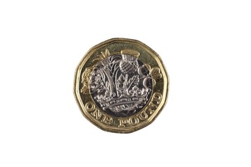 A close up image of a United Kingdom one pound bimettalic coin isolated on a clean white background