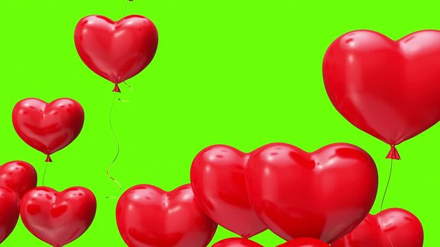 balloons in shape of heart. Floating red hearts on green screen. Animation for Valentine's day 
