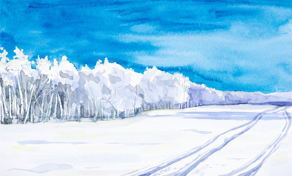 Winter landscape of forest and snowy field. Hand drawn watercolor illustration.