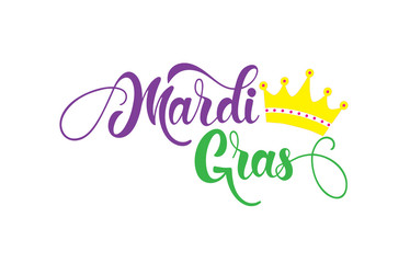 Mardi Gras logotype. Festival vector banner. Illustration with crown of Mardi Gras festival design on white background. Green, yellow and violet lettering typography for logo, poster, card, postcard. - obrazy, fototapety, plakaty