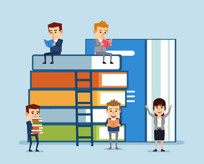 Small people reading and walking around huge stack of books. Book readers club. Flat design vector illustration