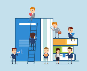 Small people reading and walking around huge stack of books. Book readers club, self education concept. Flat design vector illustration