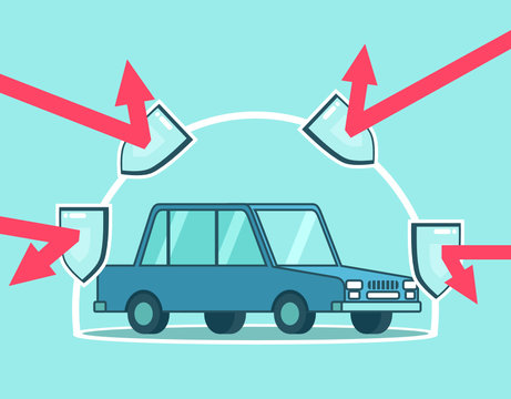 Car protected with shields under force field. Car insurance concept. Simple style vector illustration