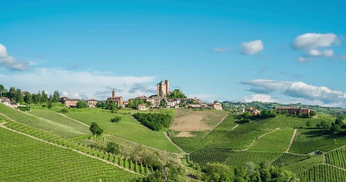 aerial view around Serralunga d'Alba surrounded with vineyard hills. Langhe area, Piedmont region, Italy.