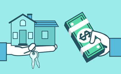 Hand holds house with keys and money. Sell or rent house. Real estate agency concept. Simple style vector illustration
