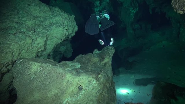 Cave diver wraps the line and continues inward