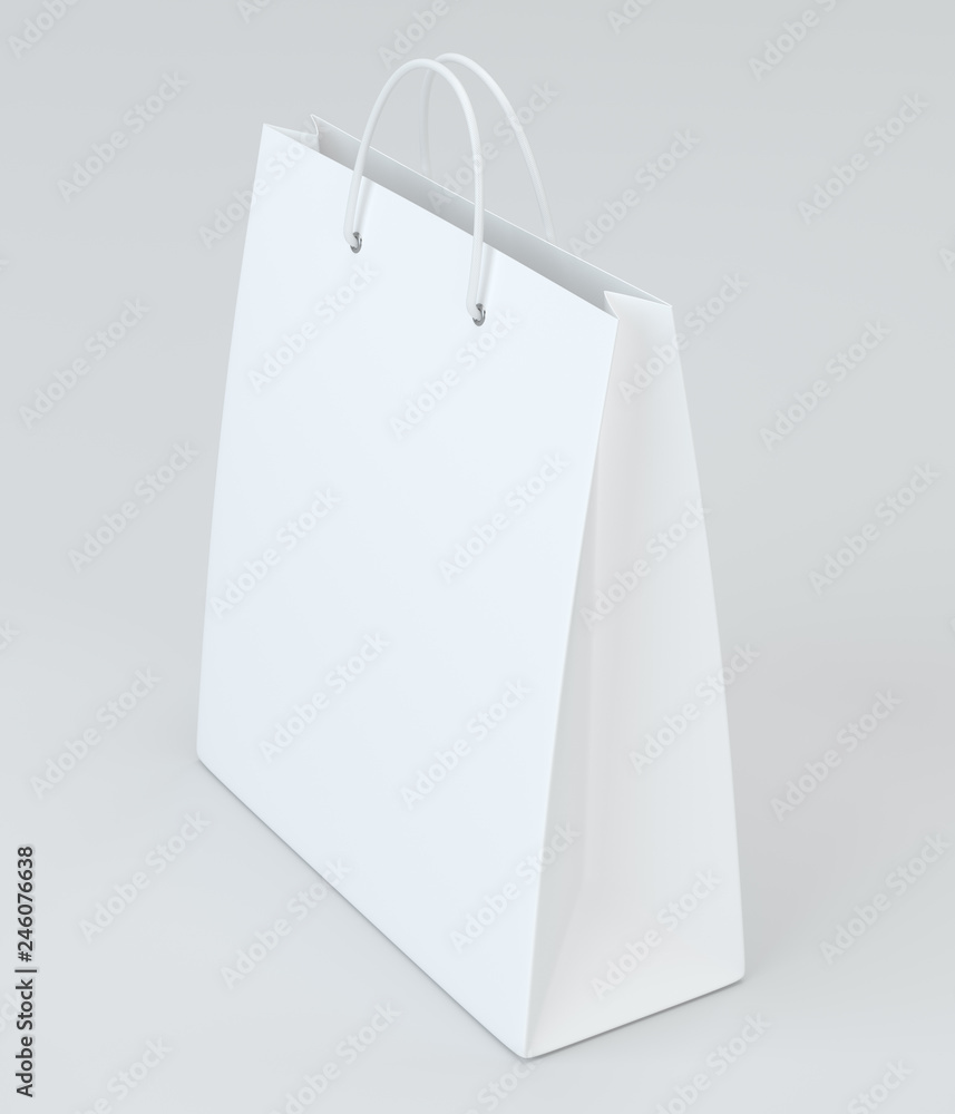 Aufkleber close up of a white paper bag on white background with clipping path. 3d rendering.