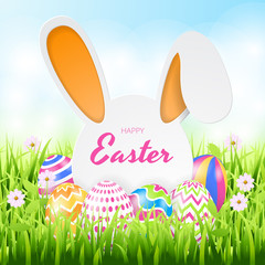 Happy easter background template with beautiful flowers, grass and eggs. Greeting Card. Vector illustration