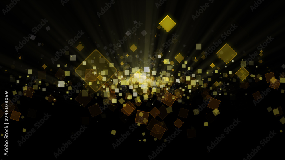 Poster digital black abstract background with sparkling wave particles forming a yellow square, gold and de