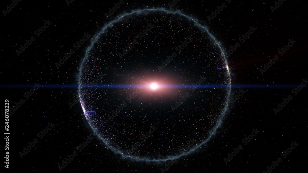 Poster digital black abstract background with sparkling wave particles forming a circle and the area with d