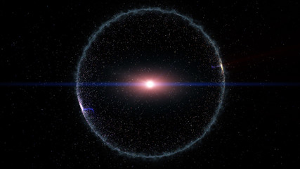 Digital black abstract background with sparkling wave particles forming a circle and the area with deep depths. Particles form into lines, surfaces and grids