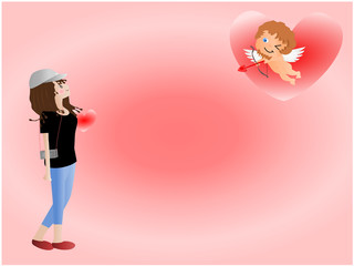 Long haired woman wearing a white hat standing, She stood holding the camera  And looking up at the top, Which has Cupids holding the arrow to shoot the heart to her. Concept Valentines Day.