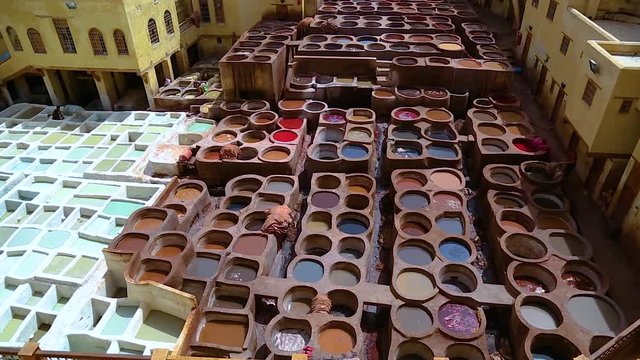 traditional leather tannery in Fes, Morocco.