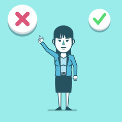 Businesswoman points to decline check mark. To reject the offer, web poll. Simple style vector illustration
