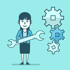 Smiling businesswoman stands with big wrench in her hands near setting gears. Repair, customize. Simple style vector illustration