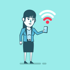 Sad businesswoman with smartphone has slow internet connection. Bad, weak internet connectivity. Simple style vector illustration