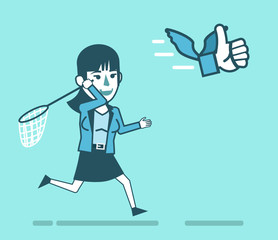 Woman with butterfly net chases flying away thumb up icon. Social media marketing concept. Simple style vector illustration