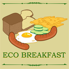 eco-friendly breakfast illustration of bread cheese fried eggs cucumbers and sausages